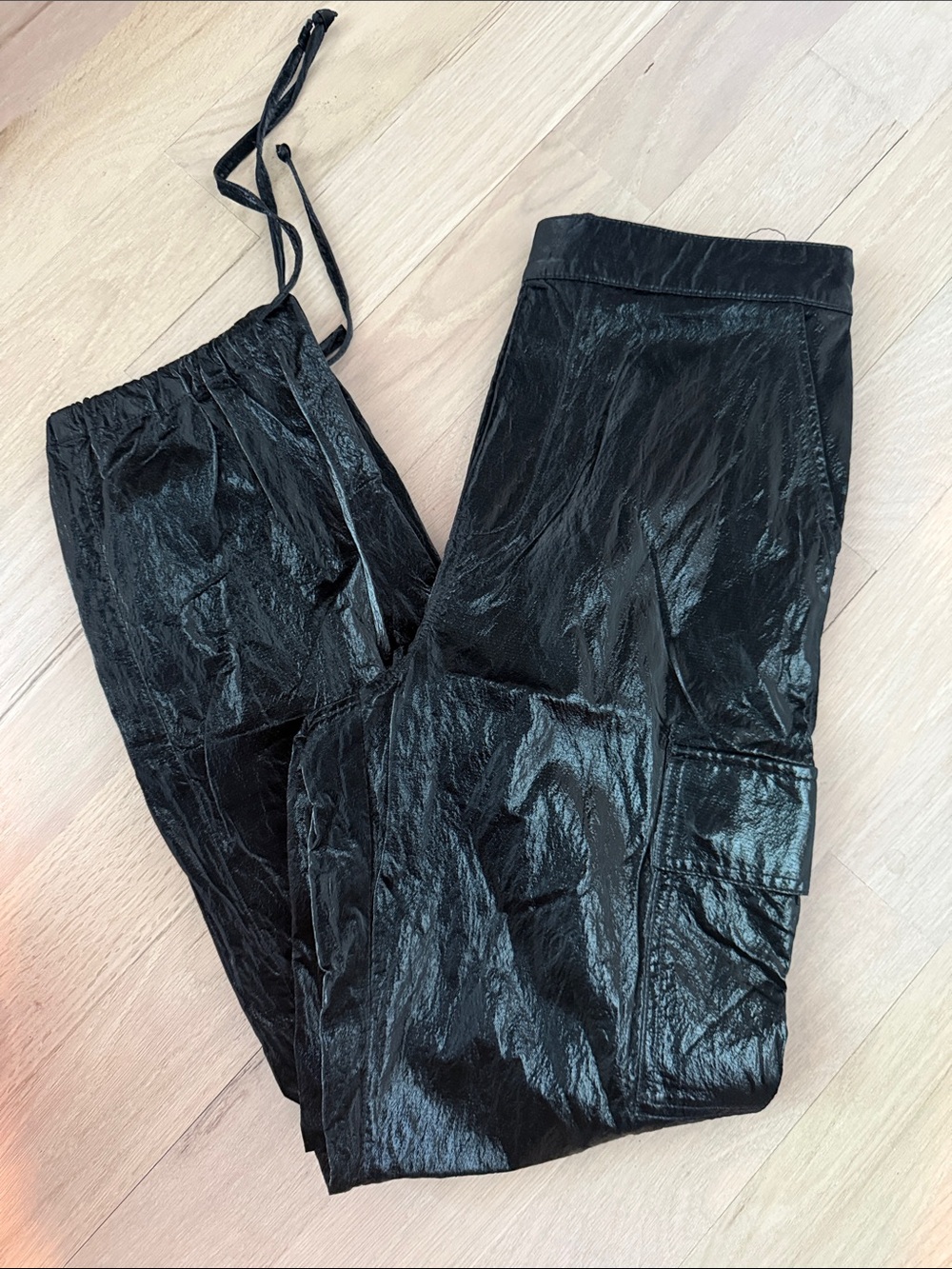 Good American Black Shiny Cargo Joggers